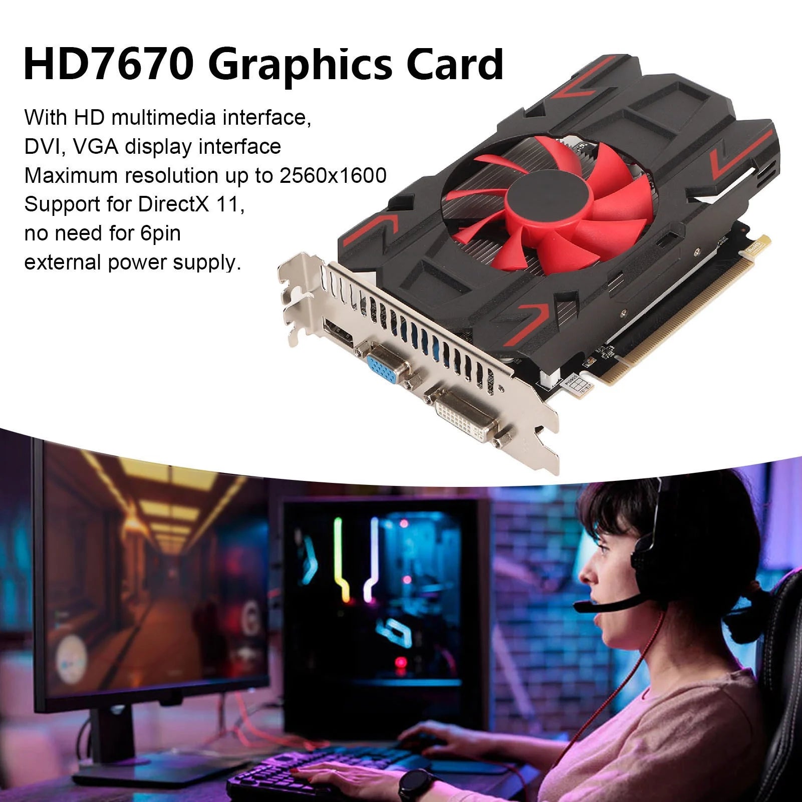 HD7670 4GB DDR5 128bit Graphics Card with Cooling Fan 2560x1600 Support HD Multimedia Interface DVI VGA Game Graphics Card