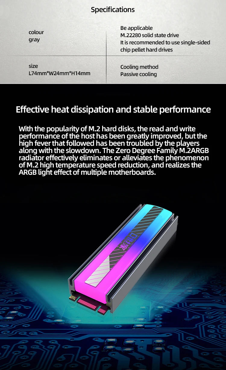 TEUCER M.2 NVME SSD Heatsink 5V 3Pin ARGB Colored Lights 2280 Solid State Drive Cooler