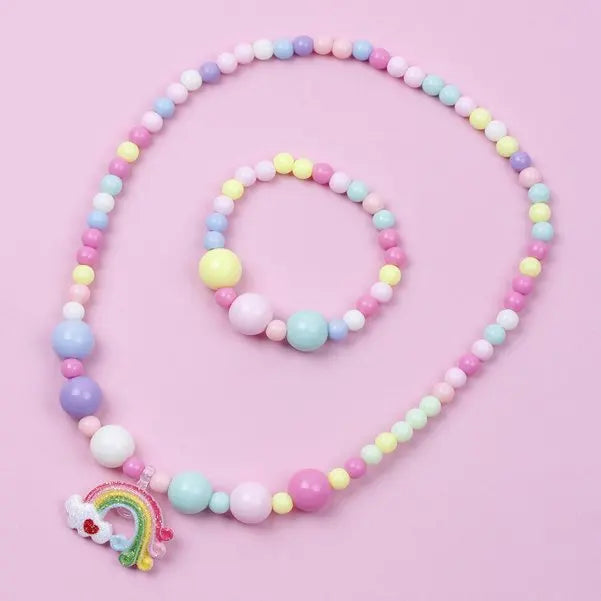 2pcs Colorful Cartoon Unicorn Flower Animal Child Sweater Necklace Bracelet Girl's Gifts Children's Jewelry Kids Toys