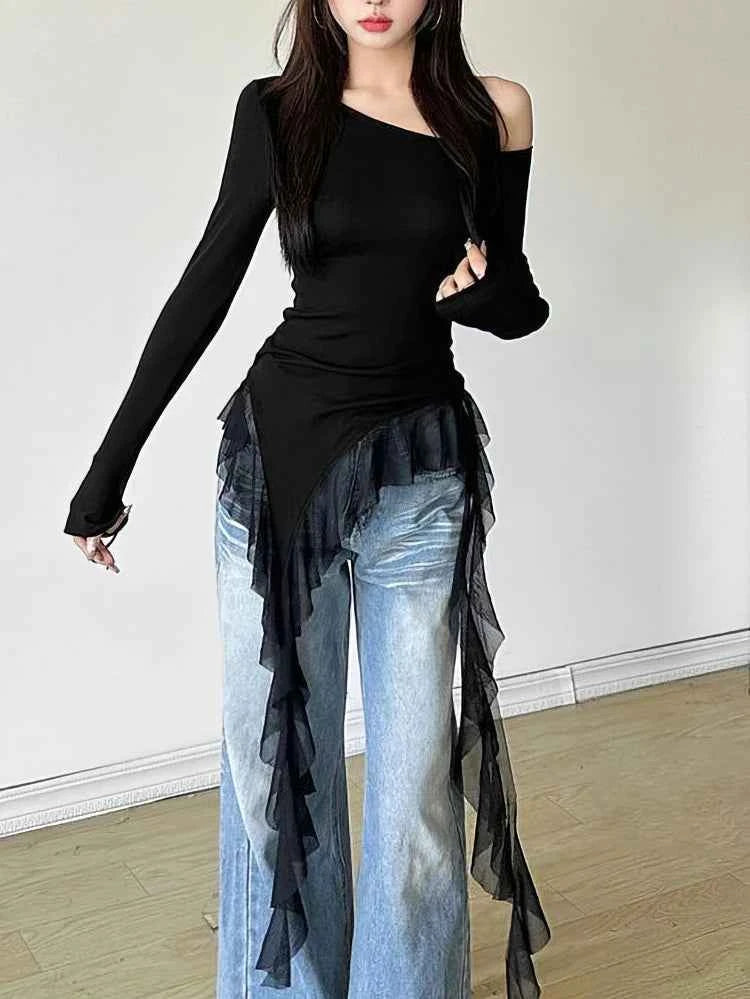Lace Ruffles Tassel Off shoulder Long sleeve T shirt Women Sweet Gentle Basic Top Tees Shirt Sexy 2025 New