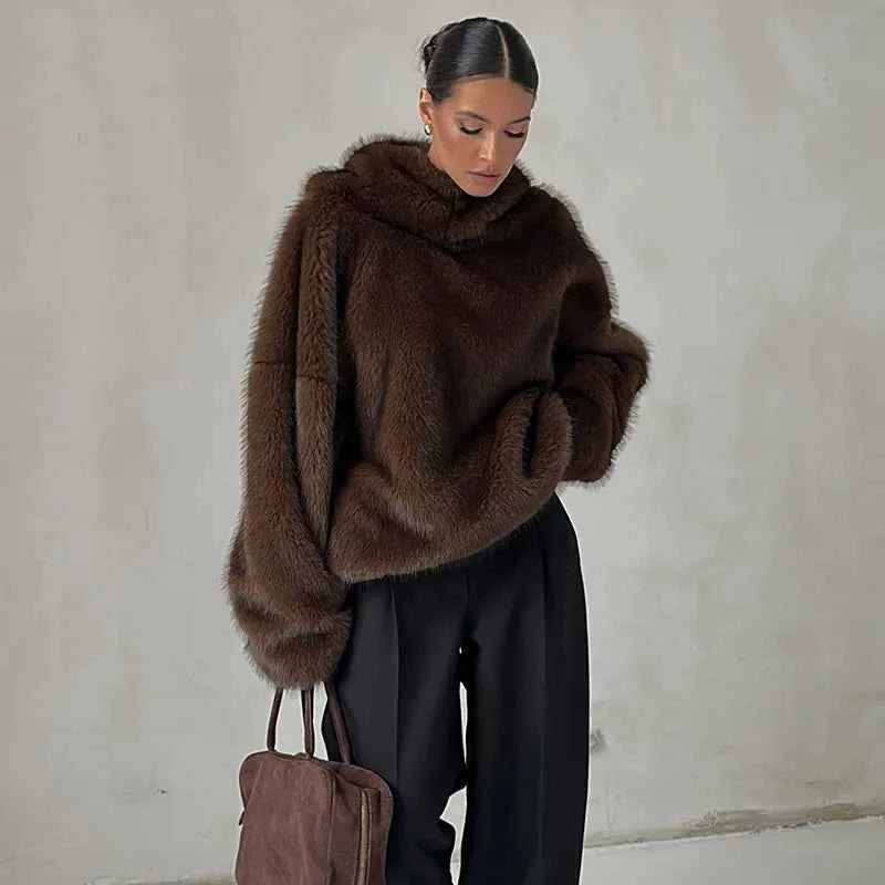 Women Solid Faux Fur Hooded Pullover Casual Full Sleeve Warm Loose Thick Tops Lady New Daily Chic Elegant Winter Outwear 2025