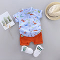 2PCS Children's Summer Cartoon Little Dinosaur Print Outfit with Standing Collar Shirt And Matching Shorts Set