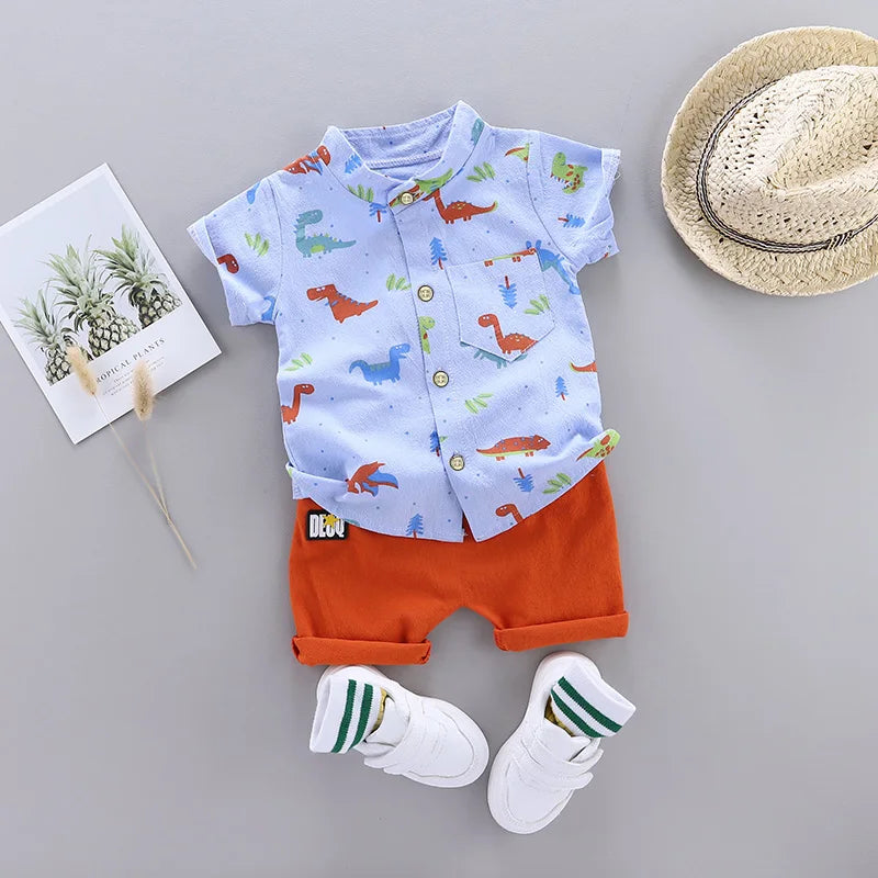 2PCS Children's Summer Cartoon Little Dinosaur Print Outfit with Standing Collar Shirt And Matching Shorts Set