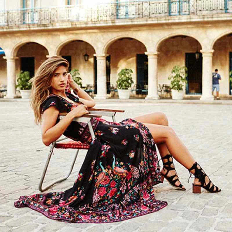 Customizable Duzeala 2022 New Women Summer Boho Beach Maxi Dress Sexy V Neck Vintage Print Long Dresses Casual Sundress Dress