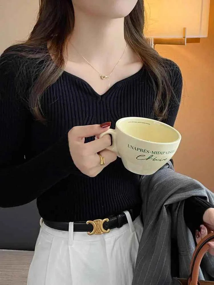 2026 Basic V-neck Chic  Autumn Winter Pullover Women Female Knitted Ribbed Sweater Slim Long Sleeve Badycon High Quality Sweater