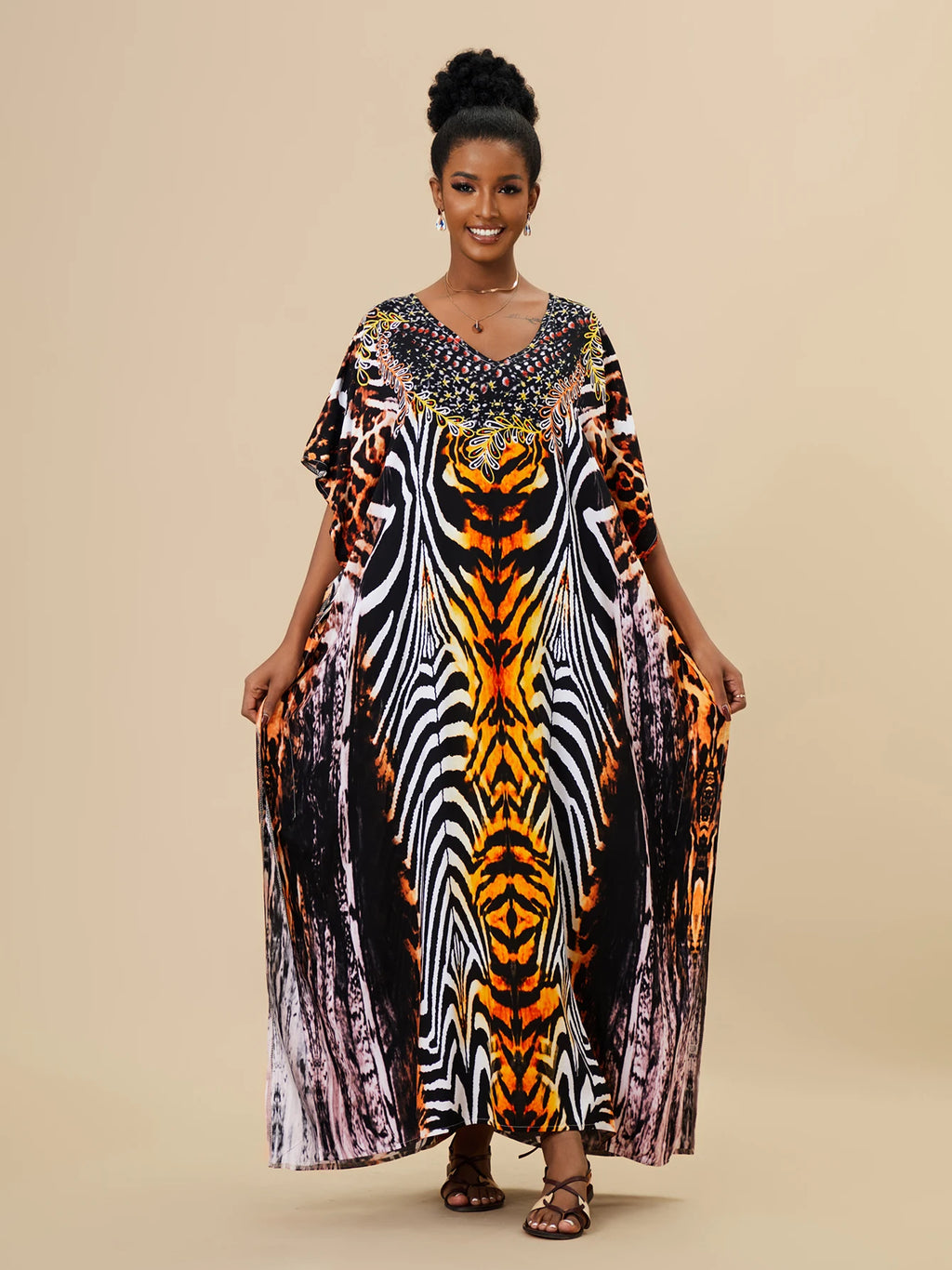 EDOLYNSA 2023 Bohemian Printed Loose Kaftan Casual Summer Vacation Maxi Dress Women Clothing Beach Wear Swim Suit Cover Up Q1469