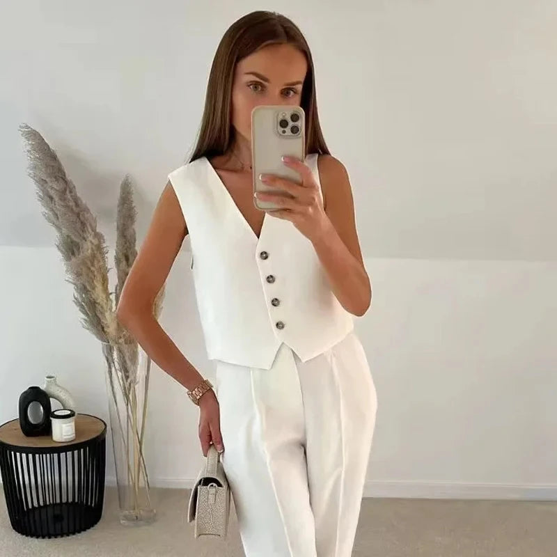 HXAO Fashion Sleeveless Vests For Women Button Up White Crop Top Office Casual Waistcoat Jacket Woman Summer Suit Black Vest Top