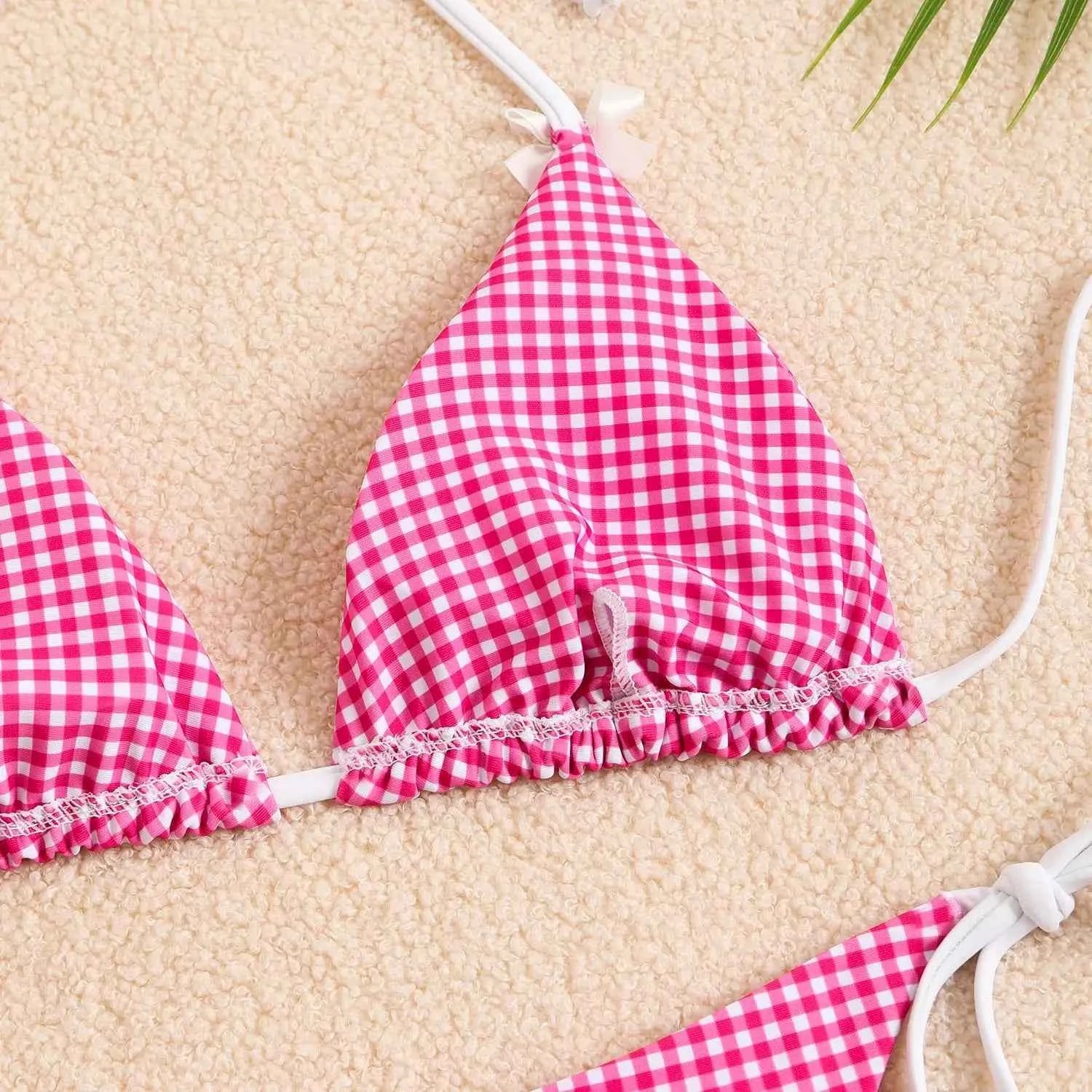 Circyy 2026 Bathing Suit Women Plaid Dot Split Swimsuit Neck-mounted Bow Tie Beachwear Vintage Simple Two-piece Bikinis Summer
