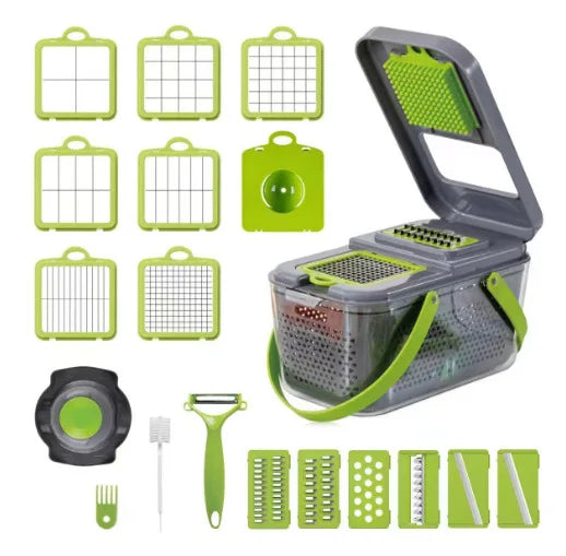 22 in 1 Vegetable Chopper with Stainless Steel Blade Adjustable Slicer And Cutter with Drain Rack Storage Container Kitchen Tool