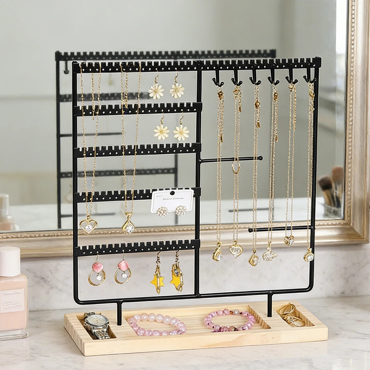 Metal Jewelry Organizer Stand with Wooden Tray - Multi-Functional Storage for Earrings, Necklaces, Bracelets & Rings