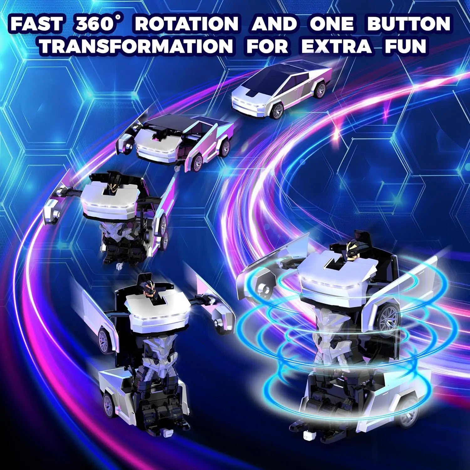 2.4GHz Cyber Pickup Remote Control Robot Car Toy One Click Transformation with LED Light 360° Rotation Drift Mode Children's Gi
