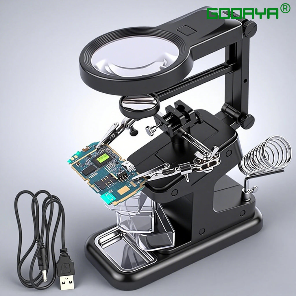 LED Light Desktop Magnifying Glass Soldering Station USB Adjustable Helping Hands Magnifier with LED Light and Alligator Clips