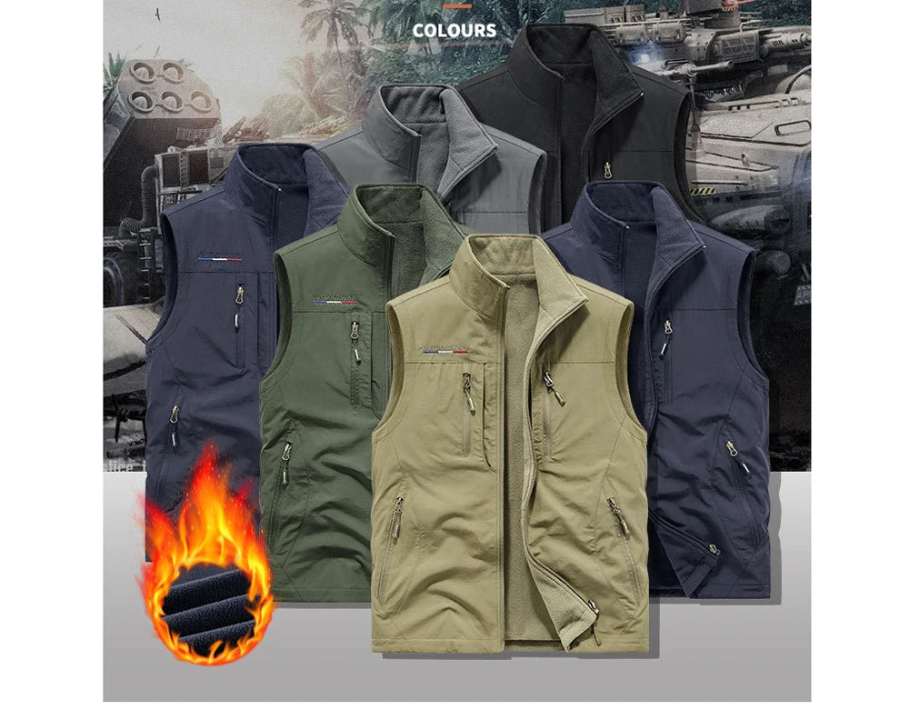Winter Men's Multi-pocket Vests Casual Outdoor Fleece Fishing Vest for Men Warm Photographic Tooling Sleeveless Jackets Clothing