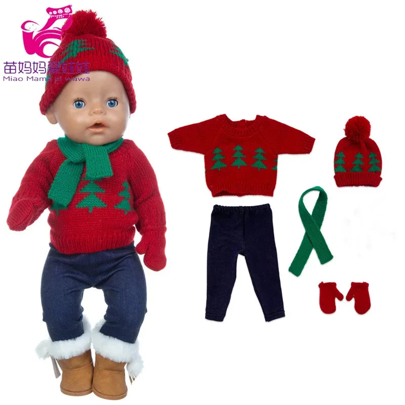 18 Inch Baby Doll Winter Clothes Set Crochet Sweater Scarf Hat Gloves New Year Apparel for 43 Cm Girl Dolls