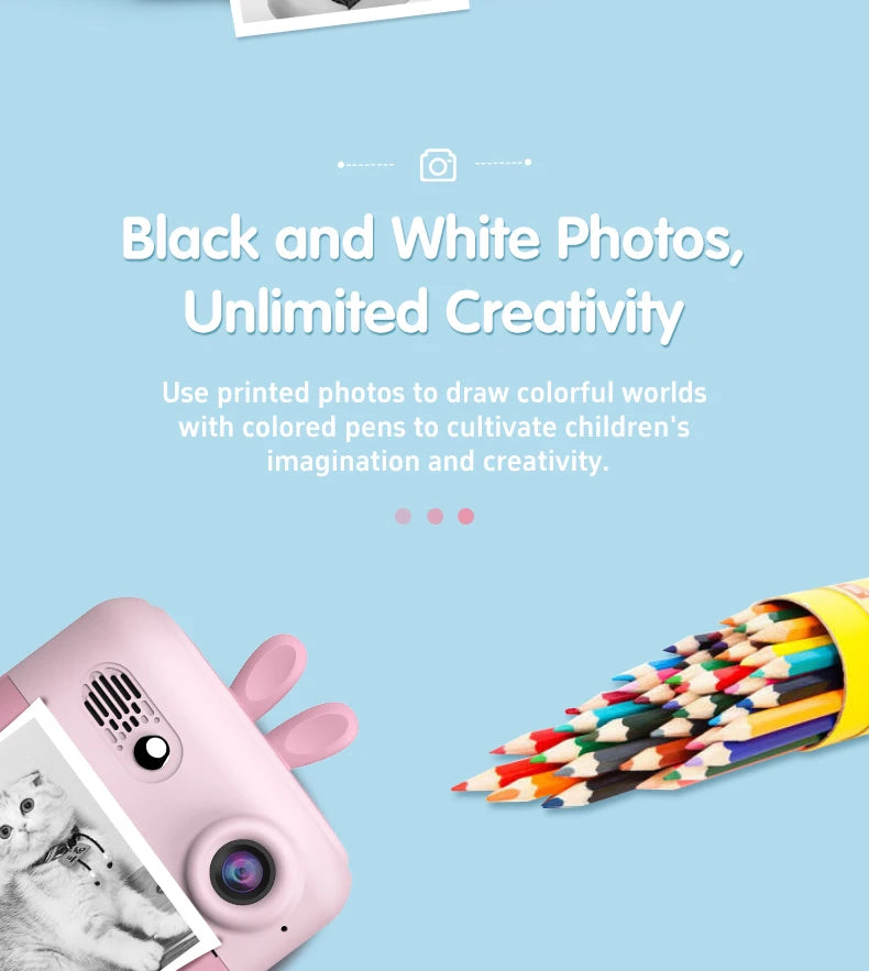 Kids Photo Camera Printer with Game Cute Bunny Mini Digital Video Child Instant Print Camera 4-12 Years Kids Girls Boyes Gifts