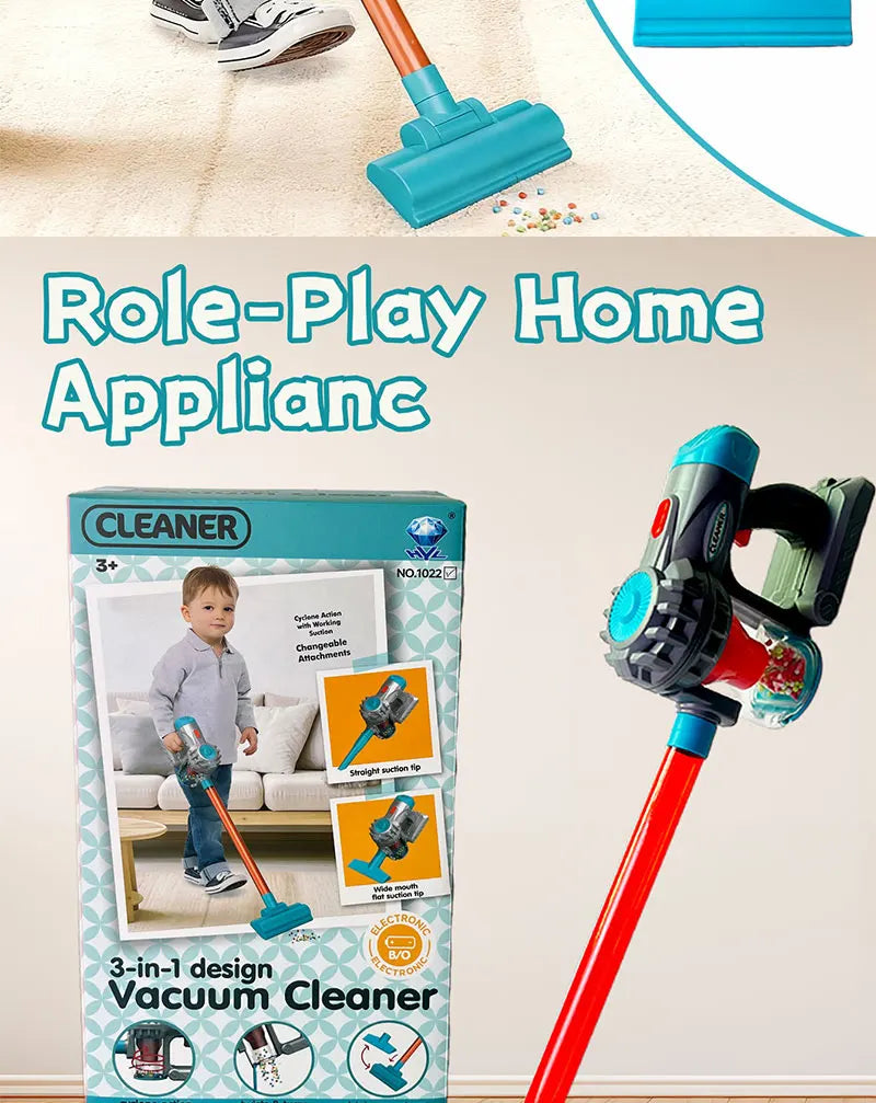 Kids 3-in-1 Toy Vacuum Cleaner – Light & Sound Stick/Handheld, Detachable Debris Bin, Cyclone Beads, 2 Attachments, Role-Play Ho