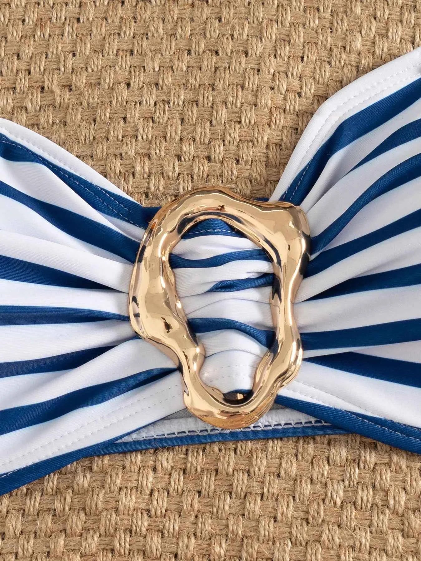 Sexy Blue Striped Micro Bikini 2026 Women Bandeau Front Metal Circle Push Up Bra High Waist Swimsuit Beach Bathing Suit Swimwear