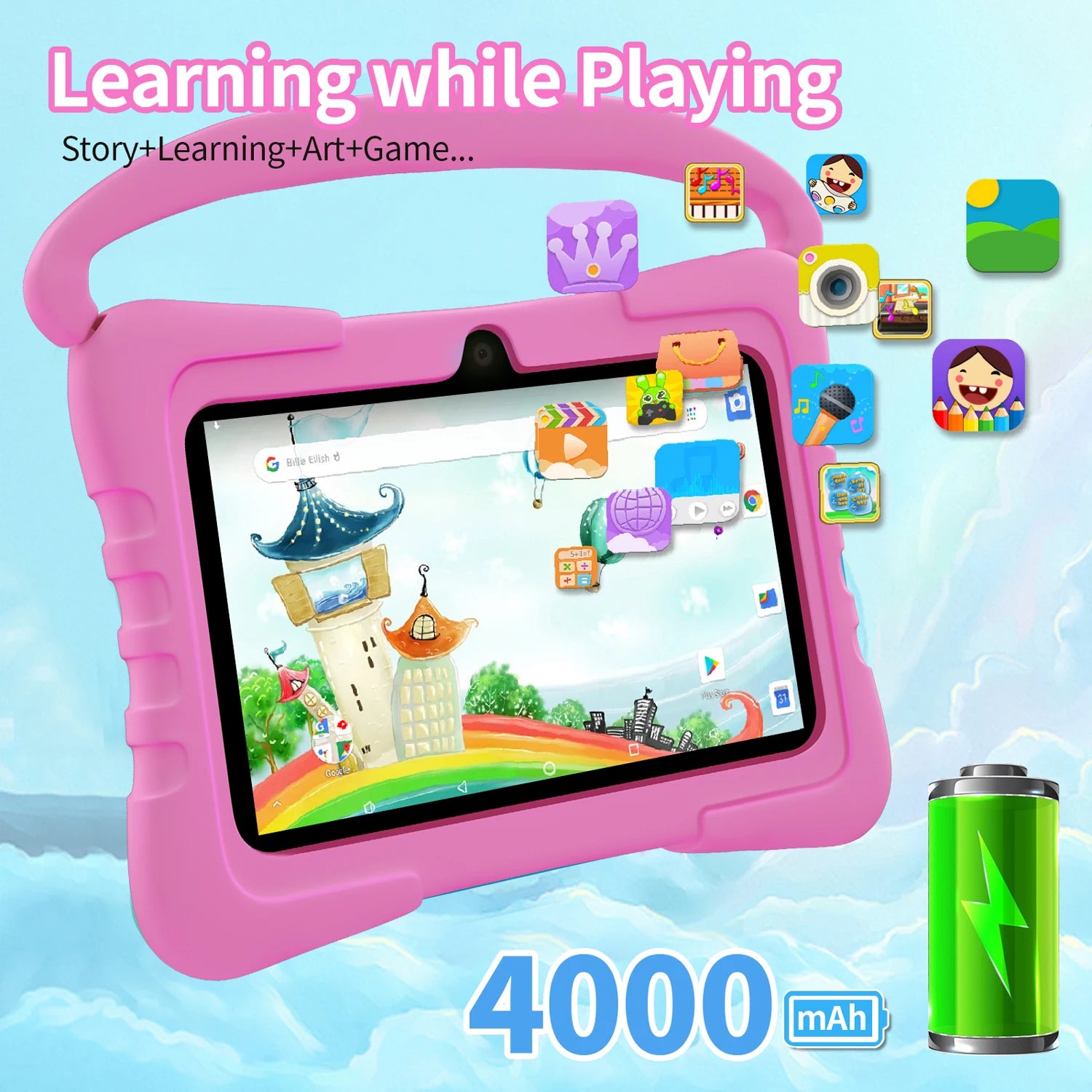 7 Inch Kid Tablet Android 13 Quad Core 4GB RAM 64GB ROM 4000mAh WiFi Bluetooth Children's Gift Kids Software with Silicone Case