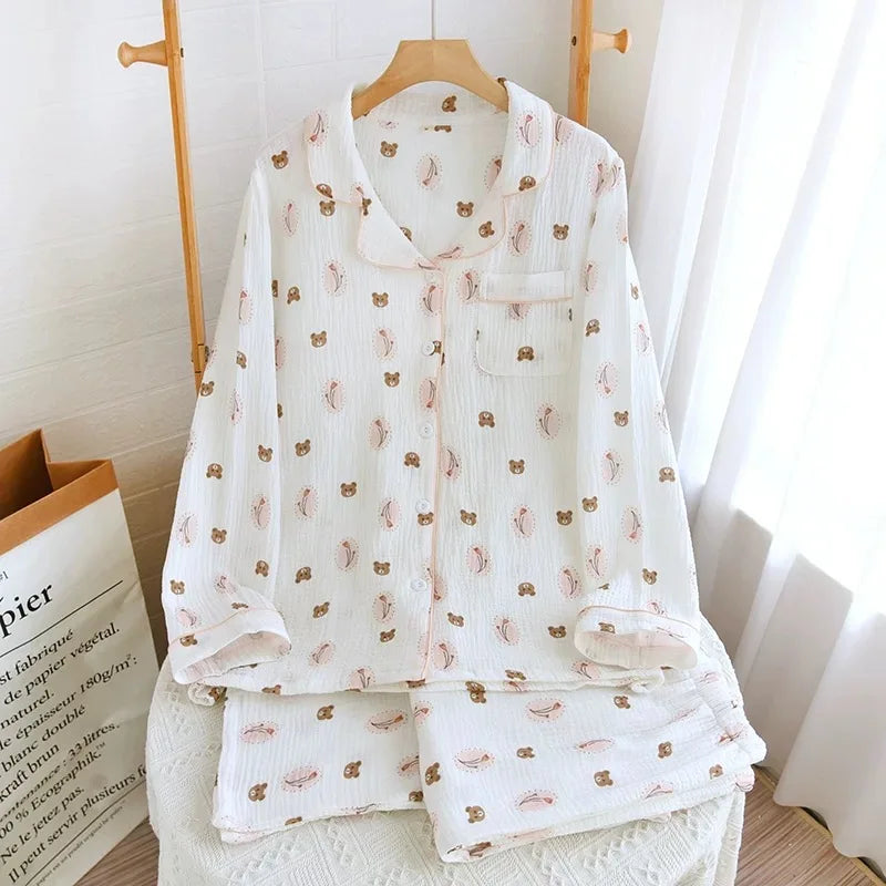 2024 New Summer Autumn Women Pajamas 100% Cotton Gauze Cherry Print Sleepwear Female 2 Piece Set Nightwear Pyjamas Loungewear
