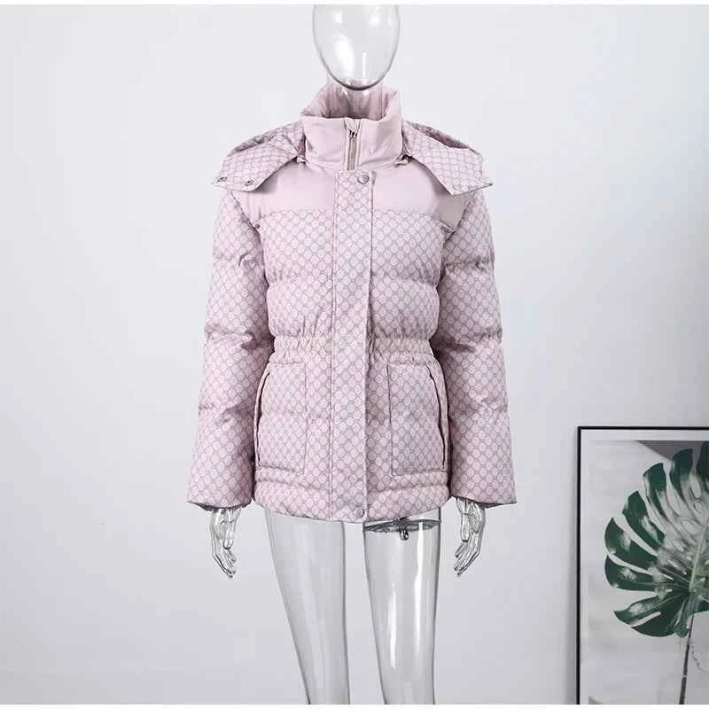 Printed Female Winter Cotton Quilted Jacket Hooded Thicken Zipper Single Breasted Long Sleeve 2025 New Casual Coat Loose Outwear
