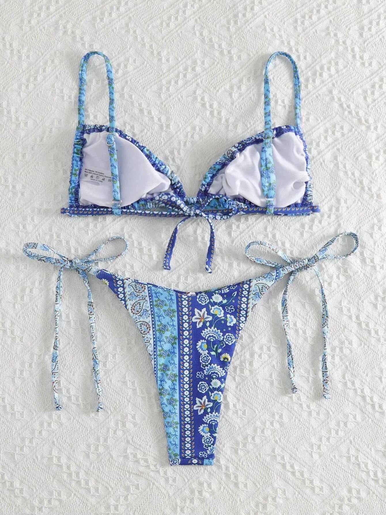 BIQIUYYI New Floral Print String Bandage Bikinis Triangle Cup Push Up Swimsuit Women Bathing Suit Beachwear Halter Swimwear XS