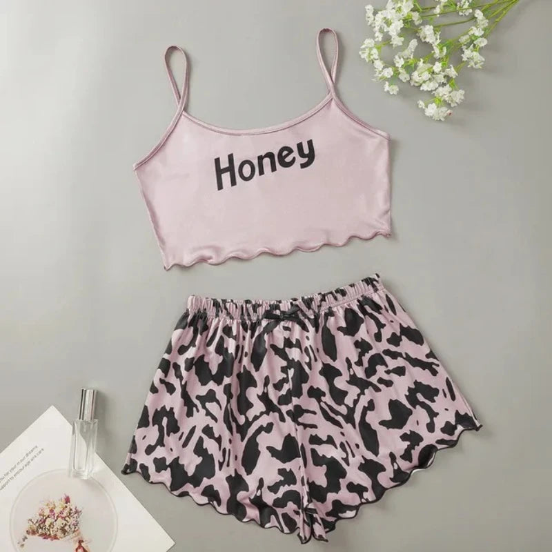 Summer Silk Satin Pyjama Pajamas for Women Sexy Sleepwear Sling Top Shorts Pajama Set Cartoon Pattern Printing 2-Piece Homewear