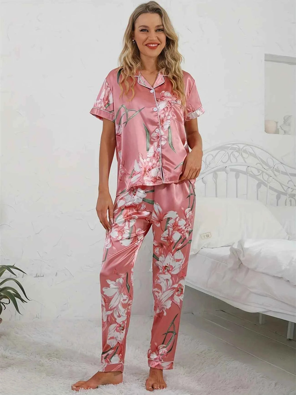 Floral Print Satin Pajama Set Smooth & Comfort Short Sleeve Button Lapel Top & Cozy Long Pants Women's Loungewear & Sleepwear