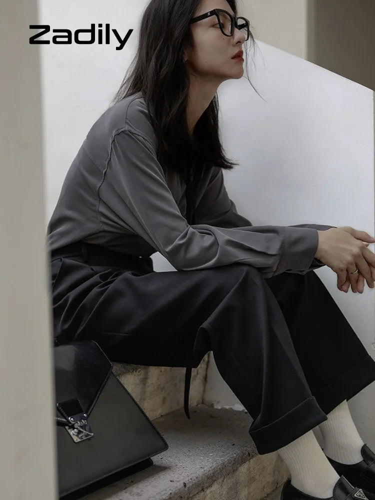 2026 Summer Women's Oversized Long Sleeve Blouse 2026 Summer New Arrival Tie Neck Shirt Loose Fit Office Elegant Fashion