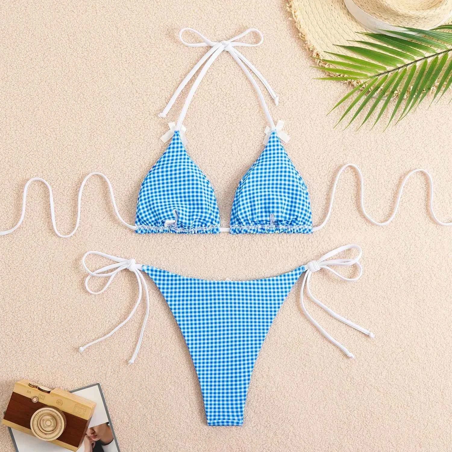 Circyy 2026 Bathing Suit Women Plaid Dot Split Swimsuit Neck-mounted Bow Tie Beachwear Vintage Simple Two-piece Bikinis Summer