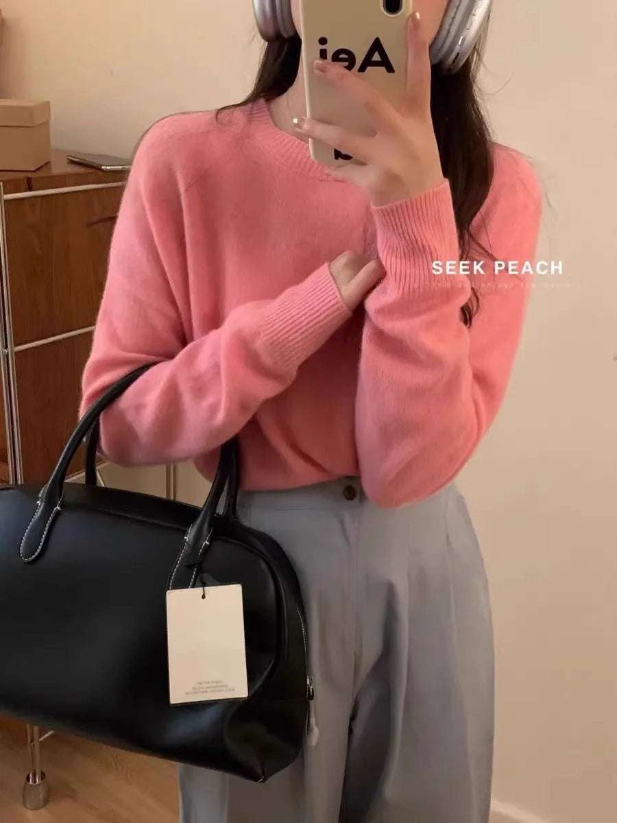 100% pure cashmere sweater women's round neck pullover long sleeve sweater loose short soft waxy knit bottom sweater