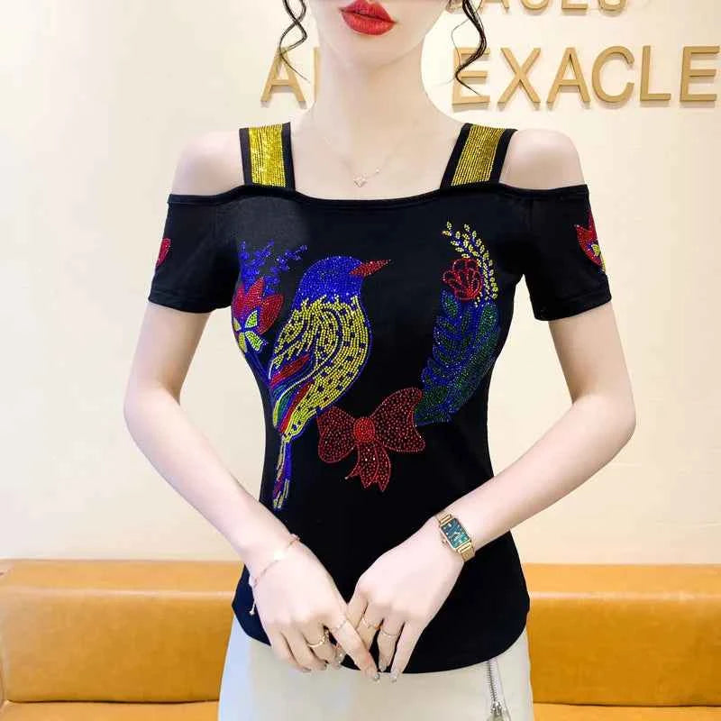 New Arrival Summer European Clothes Women's T-Shirts Chic Luxury Butterfly Hot Diamonds Tees Sexy Girl Slim Streetwear Tops