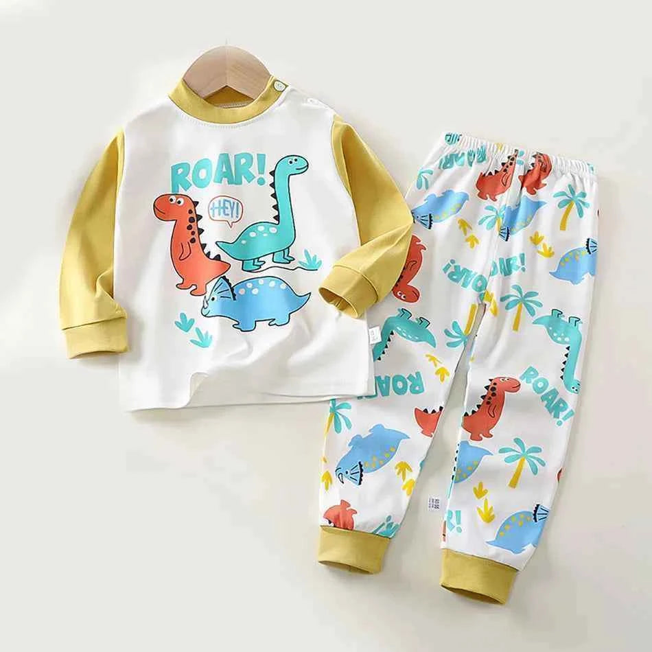 Spring Autumn Sleepwear Kids Comfort Cotton Pajamas Set Durable and Soft Unisex Cartoon Dinosaur for Boy Girl Children Clothes