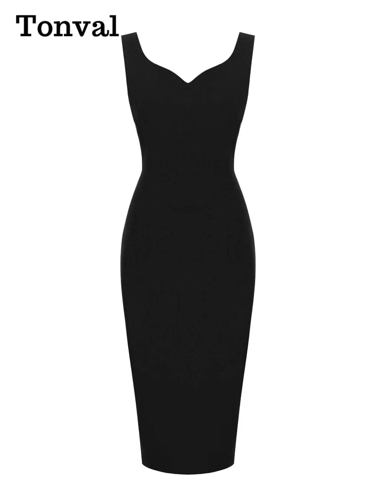 Tonval Sweetheart Neck Sleeveless Office Midi Pencil Dresses for Women 2023 Vintage Red Solid Elegant Slim Bodycon Dress