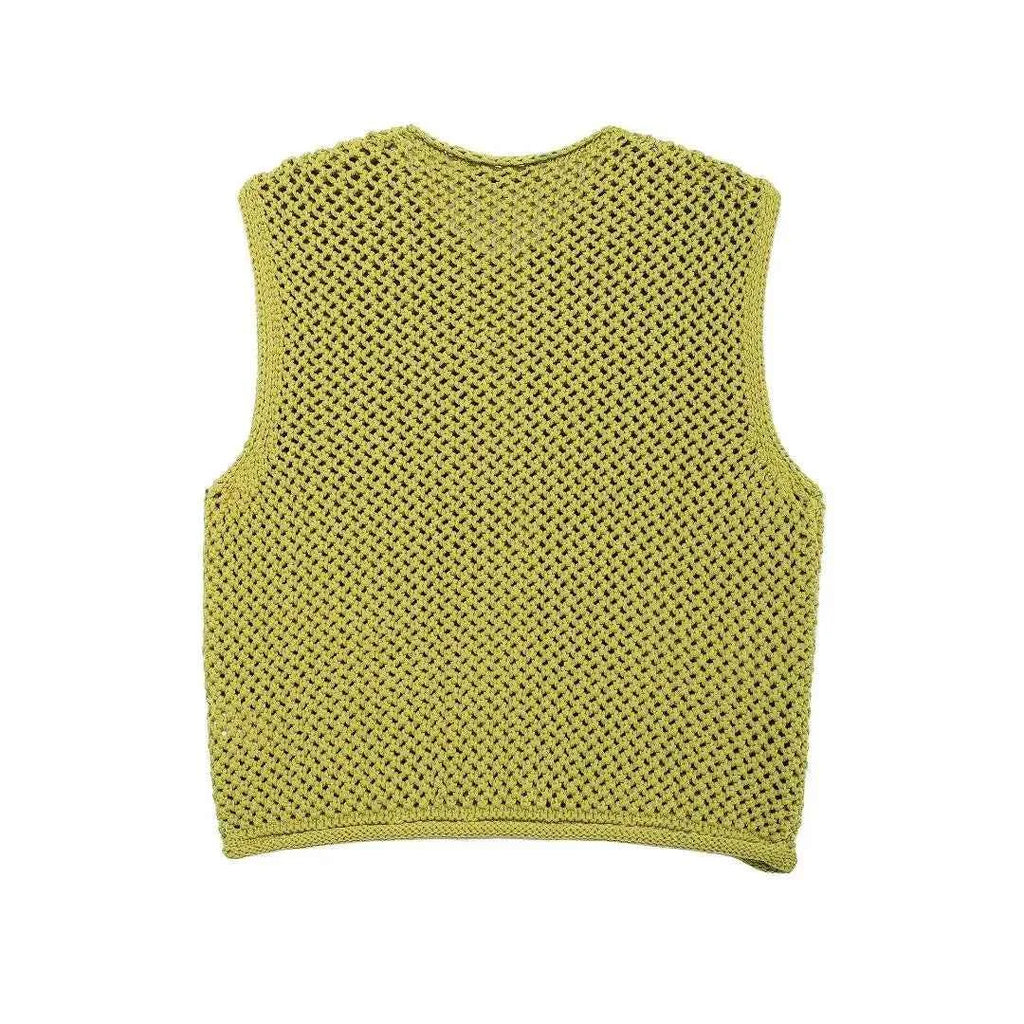 Women Fashion Sleeveless Coarse Needle Knitting Vest Sweater Female Chic Big Pockets Patch Buttons Cardigan Waistcoat Tops