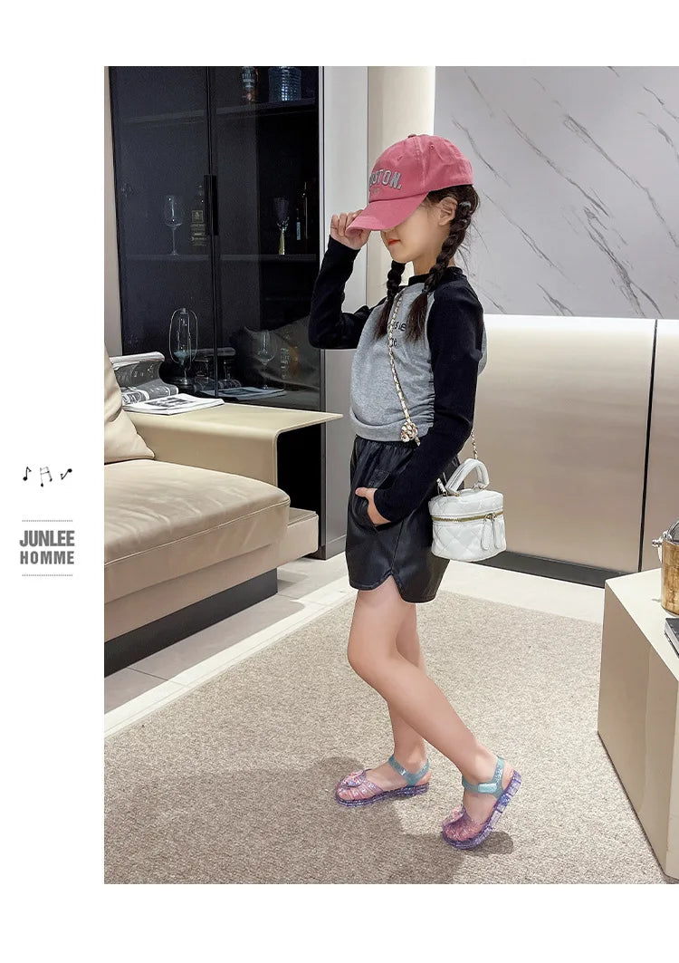2026Kids' Sandals Ourdoor Crystal Jelly Shoes PVC Love Baby Fashion Flat For Girls Breathable Anti-slip Purple Sliver Size 24-35
