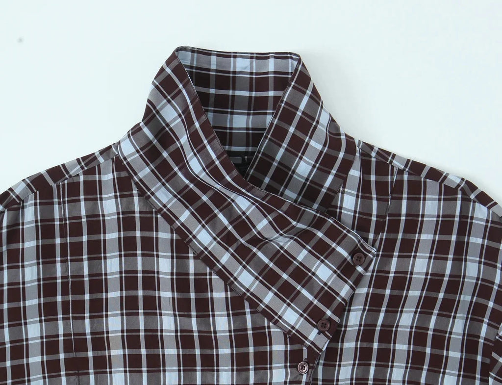 KONDALA Streetwear Casual Chic Women Blouse Plaid Stand Collar Single Breasted Blouse Fashion 2026 Spring Summer Holiday Blouse