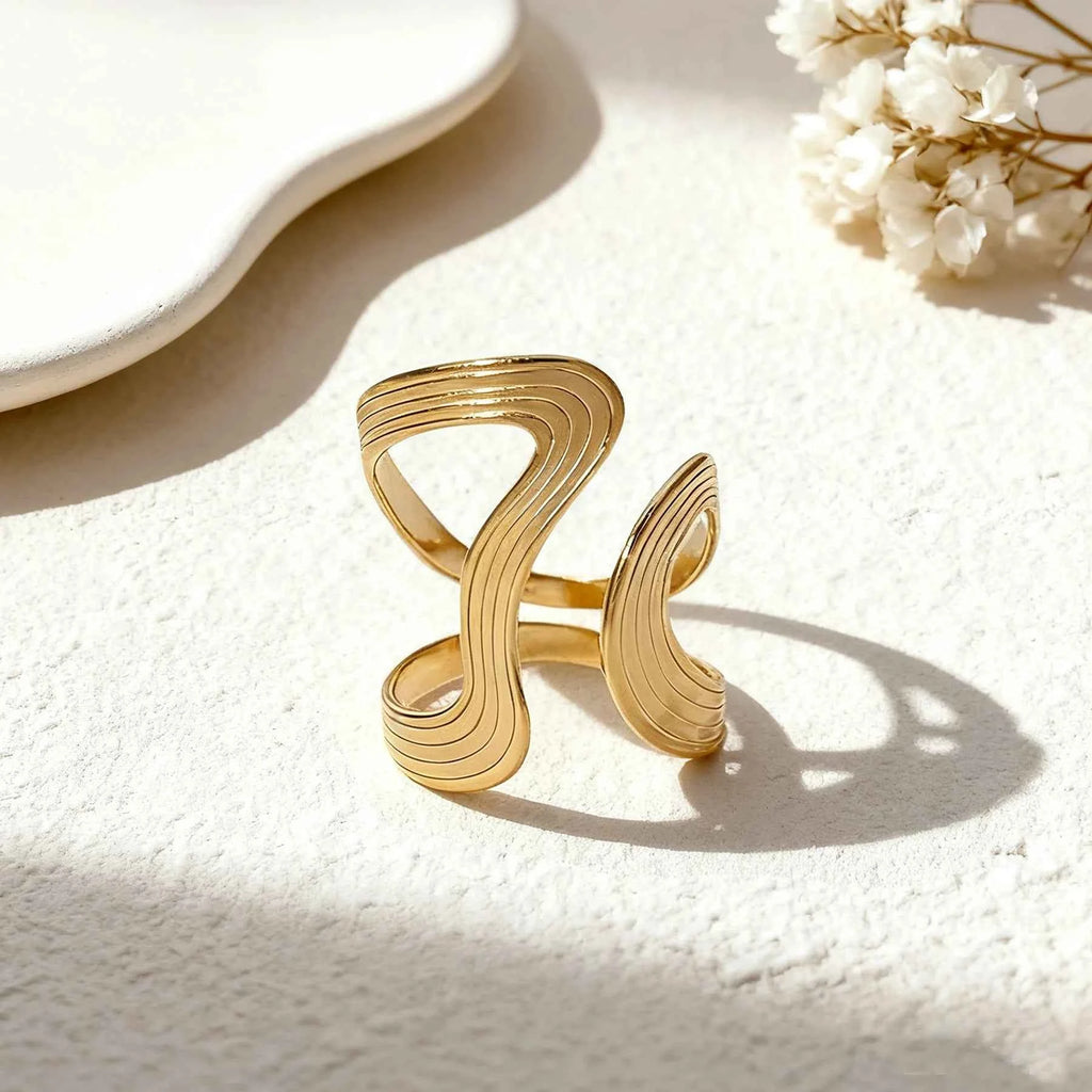 Stainless Steel Open Rings For Women Irregular Wave Hollow Design Finger Ring Stylish Creative Waterproof Jewelry Party Gifts