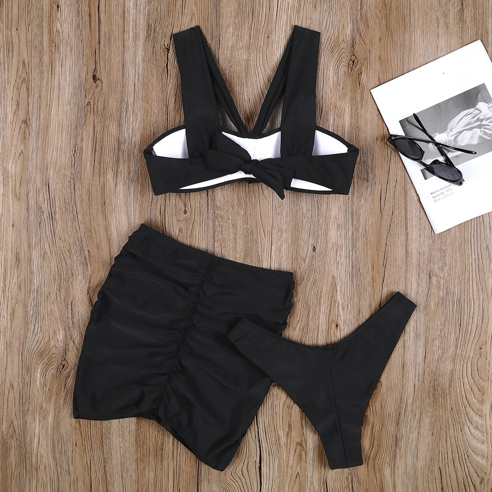 2023 Three Pieces Bikini Set Cover Up Swimwear Women Swimsuit Solid Floral Lace Push Up Bathing Suit Beachwear Swimming Biquini