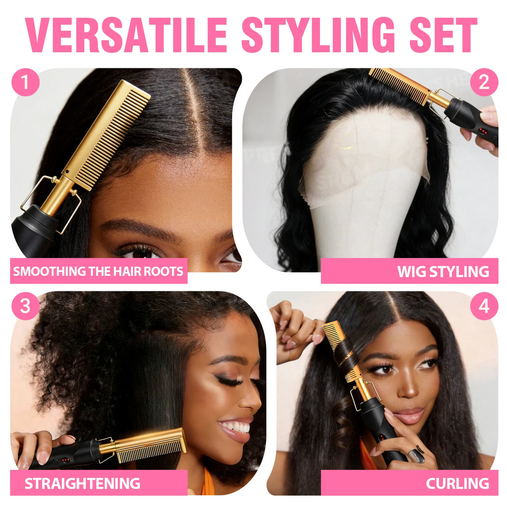 Professional Lace Wig Install Kit with Hot Comb Hair Straightener, Lace Tint Mousse, Strong Hold Wig Glue & Rosemary Oil, Complete Wig Styling Set