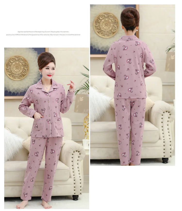 100% Pure Cotton Long Sleeve Sleepwear Set for Elderly Women Spring Summer Autumn Home Clothes Outwear Comfortable Home Suit