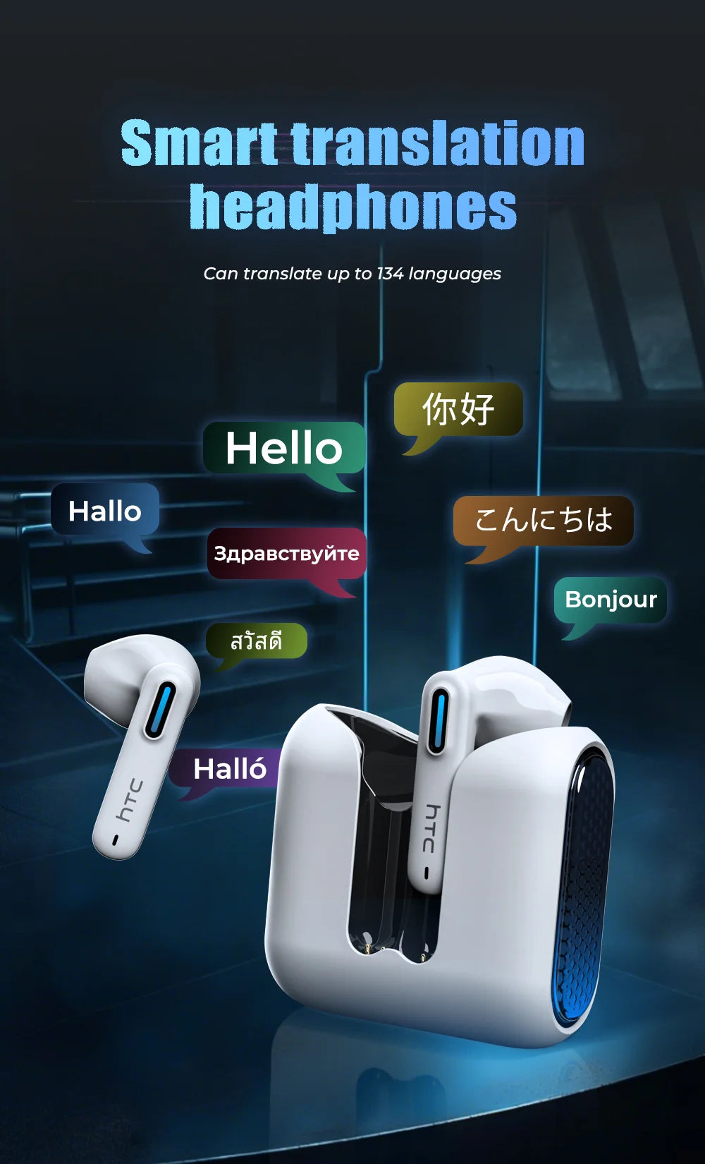 2026 Language Translator Earbuds HTC NE49 TWS Low Latency Gaming Earphones Bluetooth HiFi Stereo Sound HD Call With Mic