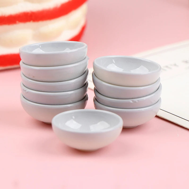 10pcs Dollhouse Miniature Bowl Dish Round Rice Bowl Tableware Dollhouse Kitchen Dining Accessory Resin Play House Toys