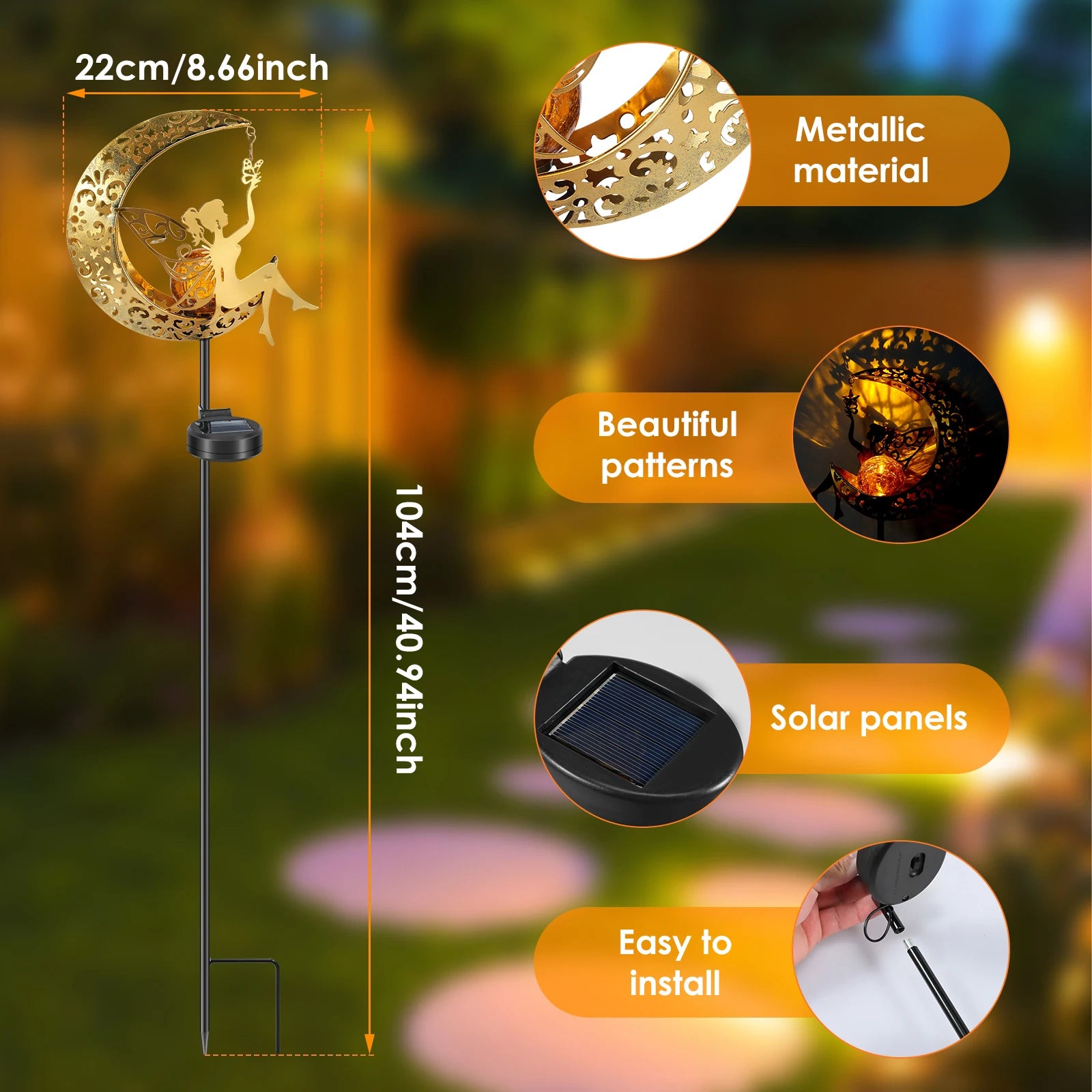 Solar Garden Lights Moon Fairy Crackle Glass Stake Lights Waterproof Warm White LED Metal Decorative Lights Outdoor Pathway