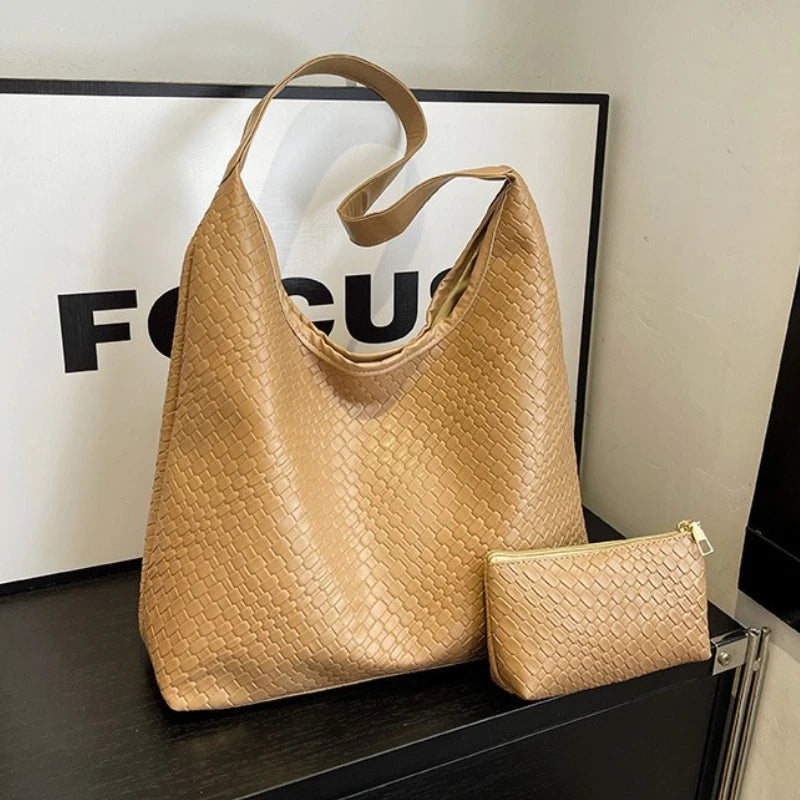 Women's Retro Artificial Leather Woven Pattern Shoulder Bag,Large Capacity Tote Bag,Casual Armpit Bag, Large Tote Bag,Daily Work