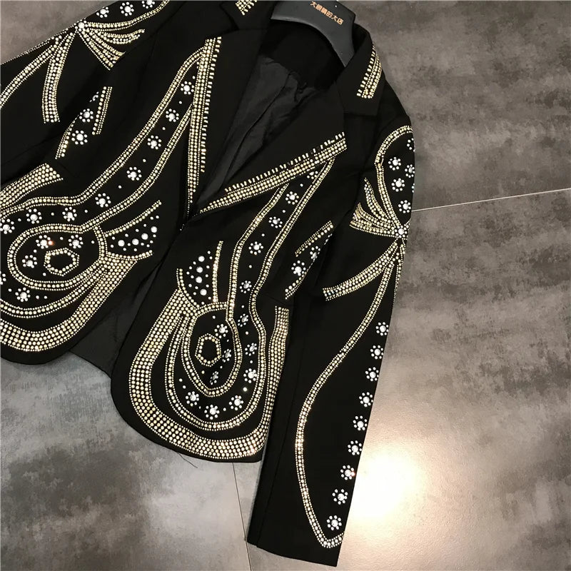 DEAT 2024 New autumn Turn-down Collar Full Sleeves Metal Beaded No Buttons Short jackets Female Single Suit WF18501L Black