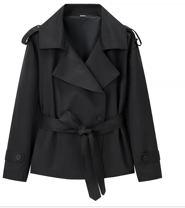 Cropped Lace-up Blue Casual Trench Coat Women Lapel Long Sleeve Wide Shoulder Windbreaker Jacket Fall Commute Daily Streetwear
