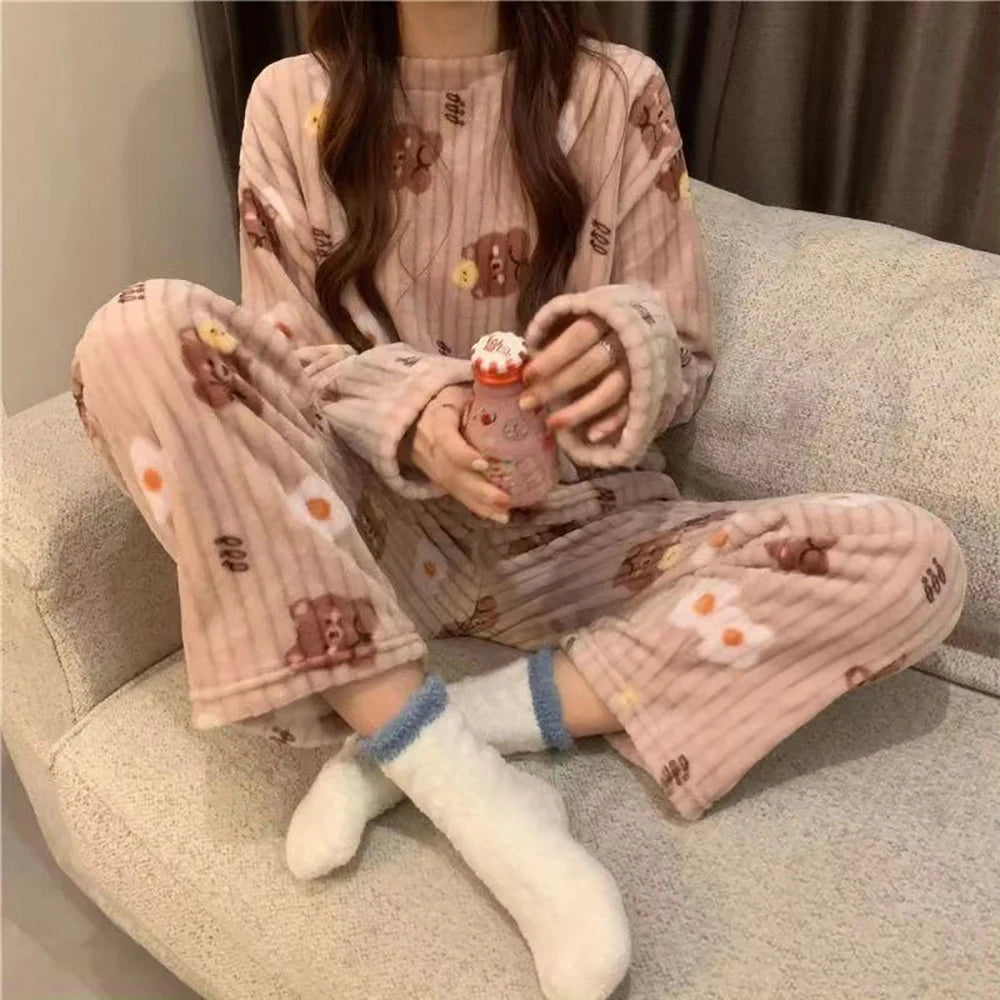 Autumn Winter Warm Flannel Fleecing Women's Pajamas Sets Coral Velvet Long Sleeve Cartoon Sleepwear Pants Sets Flannel Homewear