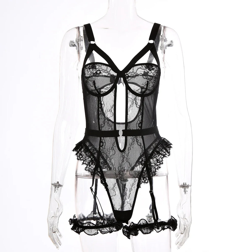 Pink Embroidery Floral Backless Sexy Mesh Sheer See Through One-piece Rompers Women Sexy Lingerie Slim Bodysuit Female Clubwear