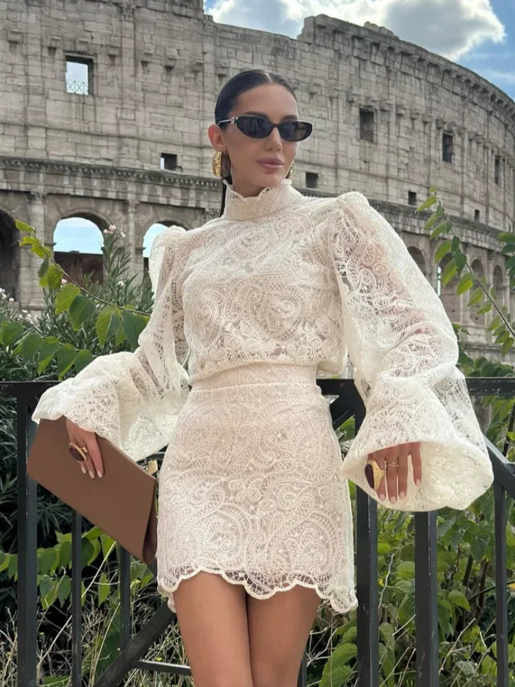 White Lace Dresses Elegant Solid Flared Sleeve High Neck Slim Pleat Mini Women Dress 2026 New Fashion Club Evening  Party Robes