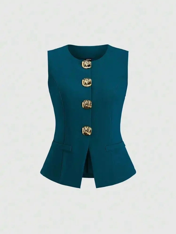 Fashionable Little Fragrance Style Women's Sleeveless round Neck Vest Waist-Cinching Pure Color Cross-Border Women's Jacket